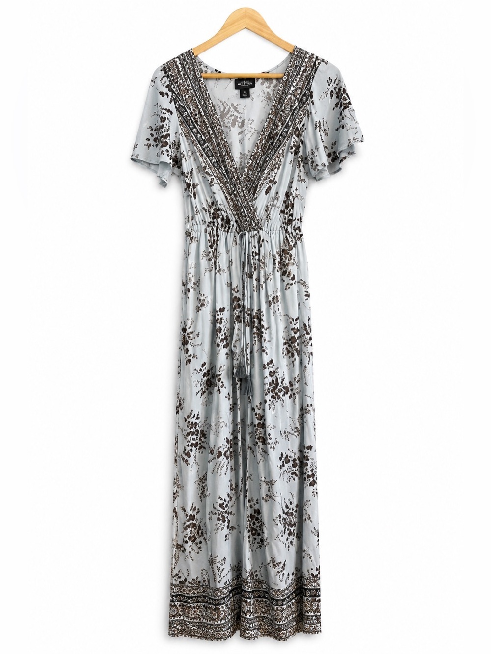 ANGIE Floral Surplice Maxi Romper dress in Blue Border boho coastal women’s S